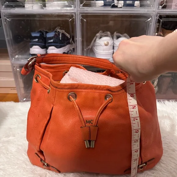 MCM Orange Leather Hobo Bag with Gold Details - Picture 3 of 16